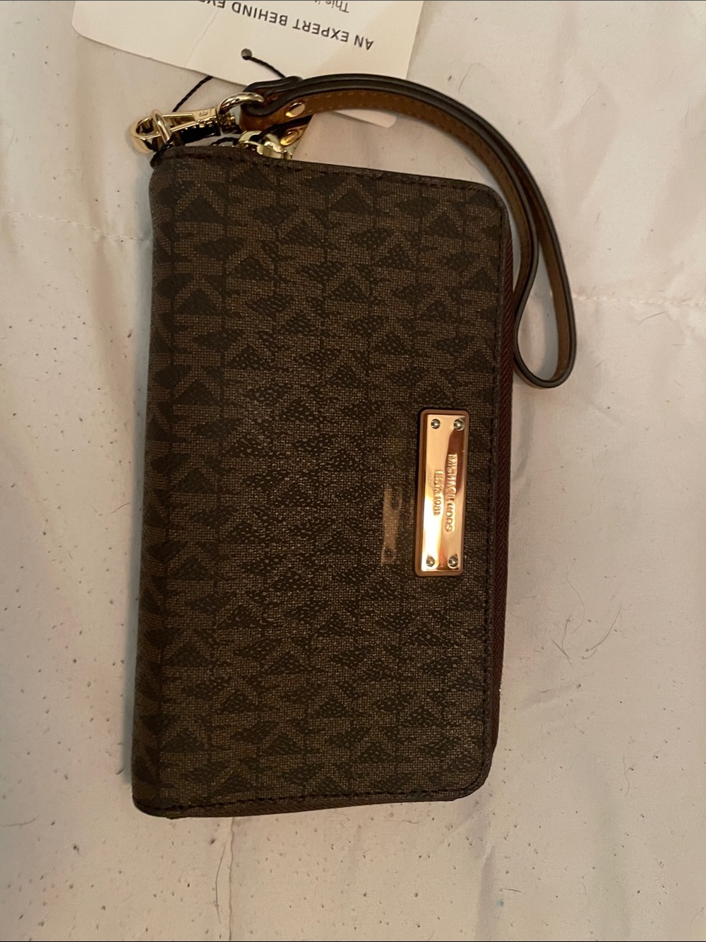 Michael Kors Brown Monogram Wristlet with Gold Plate